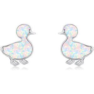 Sterling silver duck stud earrings opal animal earrings cute jewelry gift for wo